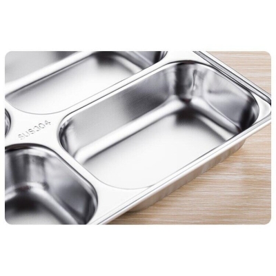 Picture of 1 pcs stainless steel rectangular shape dinner plate sub-grid children's dinner plate home separated lunch box without lid-Silver