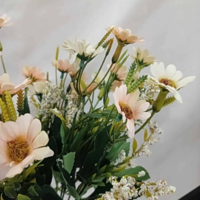 Picture of "14 Heads Silk Daisy Bouquet with Multicolor Artificial Sunflowers, Glass Vase, 48x20 cm, Perfect for Christmas, Wedding, and New Year, Made from Fabric and Plastic for Realistic and Elegant Display."-Multicolor