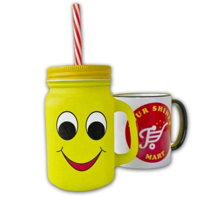 Picture of 1 pcs Emoji Yellow Glass Mug With Straw-Yellow