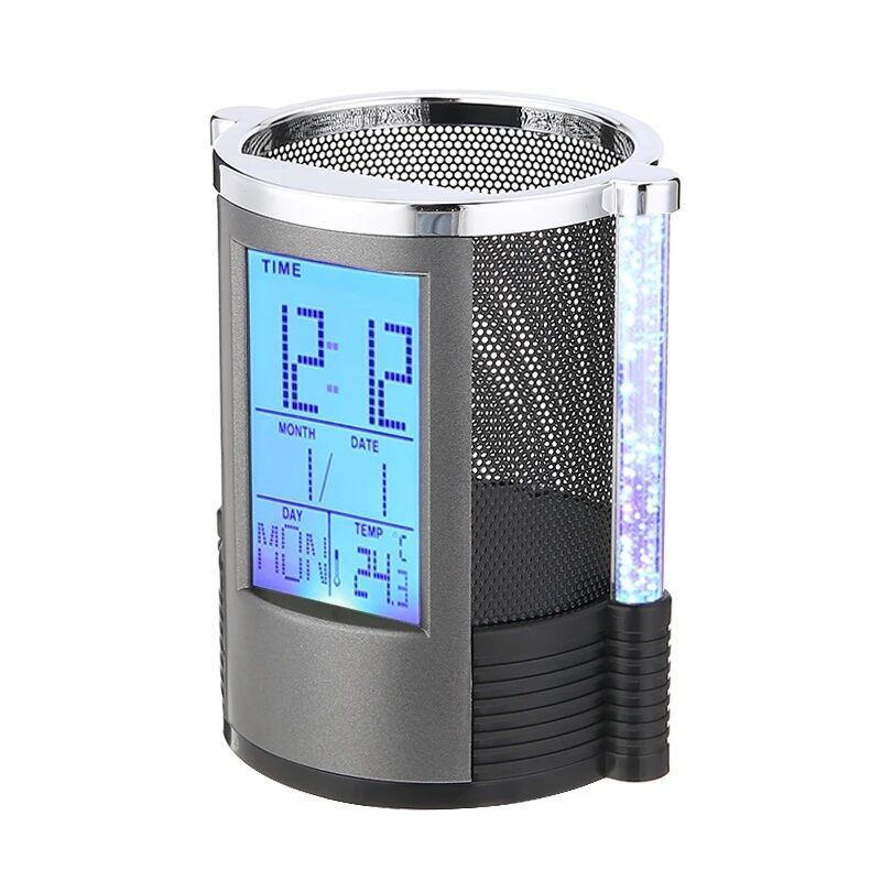 Picture of Digital LCD Desk Alarm Clock Pen Holder Mesh Pen Pencil Holder With LED Light Pens Rulers Office Desk Organizer-Multicolor
