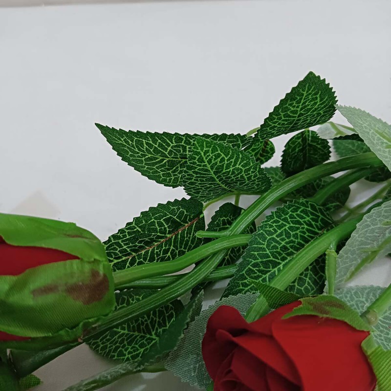 Picture of Beautiful 12-inch Red Rose Flower Bunch - Natural Looking Leaves, 5 Flowers-Multicolor