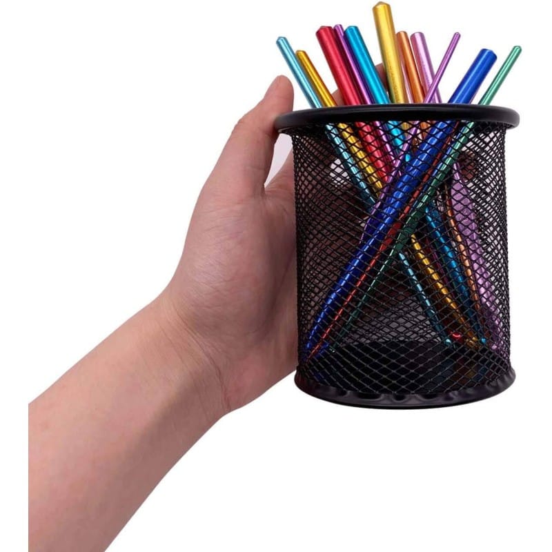Picture of "Round Black Metal Desk Organizer - Multifunctional Mesh Pen & Pencil Holder, Durable, Fireproof, High-Temperature Resistant, Coated Finish, Compact Size 9.5 x 8.5 cm, 1 Piece"-Black