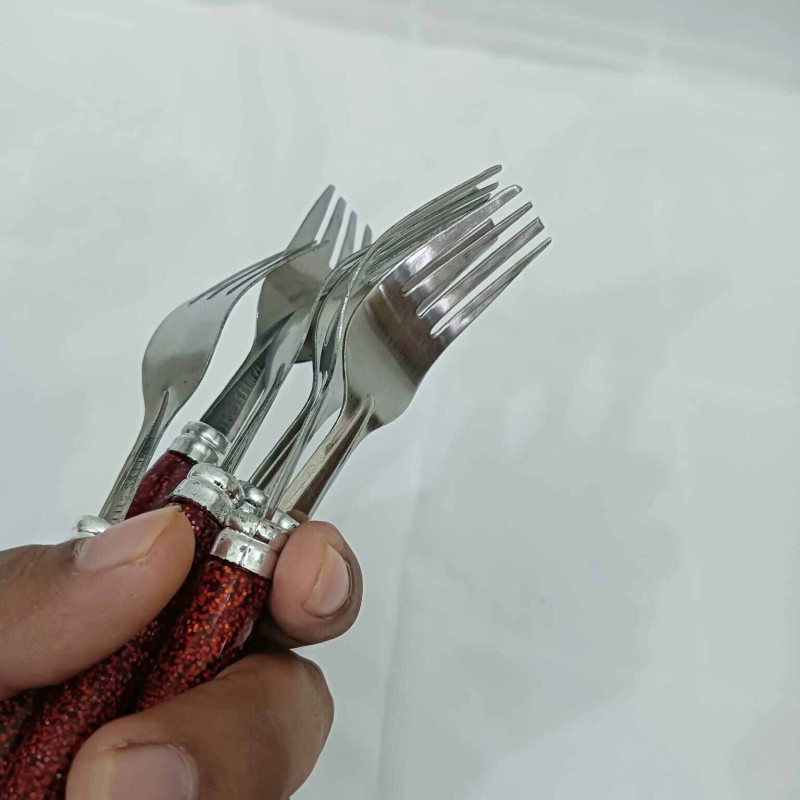 Picture of 12 pcs colorful handle stainless steel Tea and Fork spoon set 15 cm long 6 pcs tea and 6 pcs fork spoon-Red