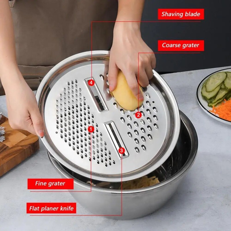 Picture of German Stainless Steel Basin with Drain Basket Vegetable Cutter And Grater Strainer 3 in 1 Colanders Basin Mixing Bowl Set-Silver