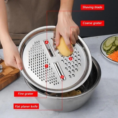Picture of German Stainless Steel Basin with Drain Basket Vegetable Cutter And Grater Strainer 3 in 1 Colanders Basin Mixing Bowl Set-Silver