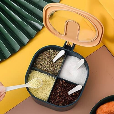 Picture of pice Box Spice jar with Lid Seasoning Box with Spoon Spice Shaker with Lid 4 Compartments - Multi-Grid Spice Storage Container torage Tool for Kitchen-Multicolor