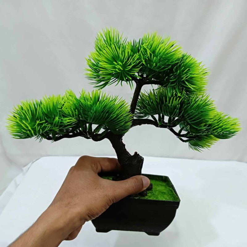 Picture of Artificial Bonsai Tree with 3 Green Heads and Plastic Vases for Office Decoration, Gram Beauty Flower-Multicolor
