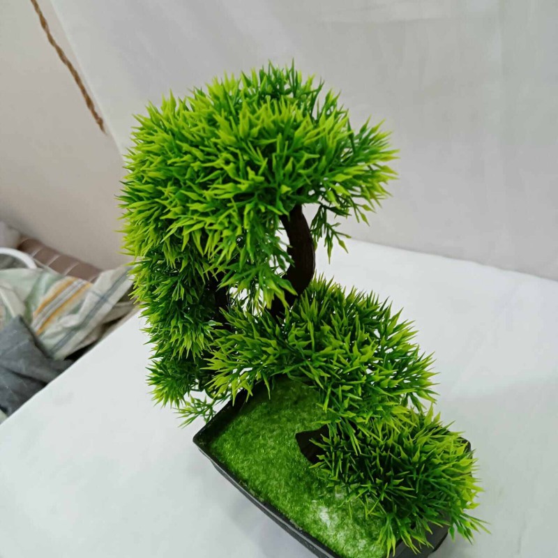 Picture of Elephant Trunk Design Green Artificial Bonsai Tree with Plastic Vases, 10 Inch Long, for Office Table Decoration, Gram Beauty Flower-Multicolor