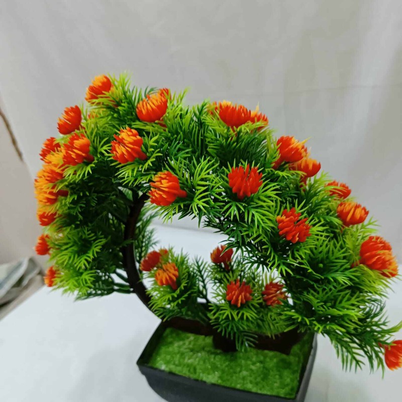 Picture of Office Table Decoration: Heart Shape Design Green Artificial Bonsai Tree with Mini Multi-Color Flowers and Plastic Vases, 11 Inch, Gram Beauty Flower-Multicolor