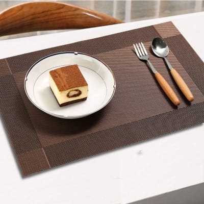 Picture of 6 pcsPlacemats with Table Runner Set Place Mats Woven Vinyl Heat Resistant Washable Kitchen Tablemat for Dining Table Indoor Outdoor Placemat (1 Table Runner and 6 Placemats_coffee)-Coffee