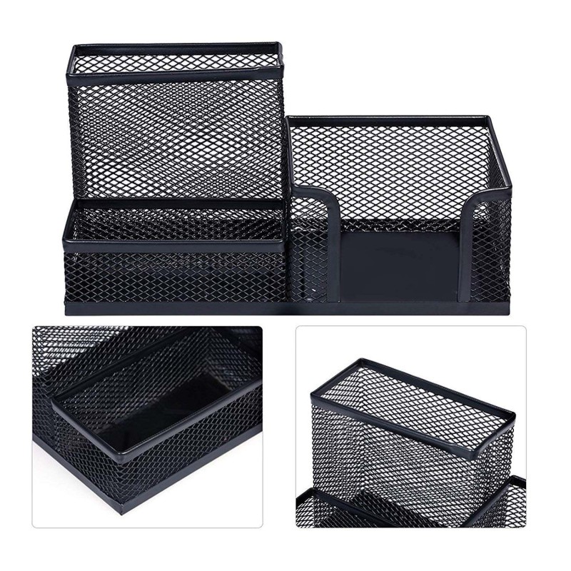 Picture of Metal Mesh Desk Organizer 3 Compartment Stationary Storage Stand & Pen-Pencil Holder-Black