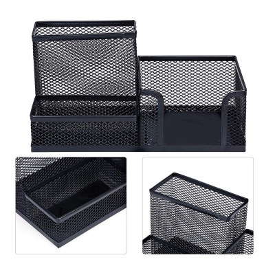 Picture of Metal Mesh Desk Organizer 3 Compartment Stationary Storage Stand & Pen-Pencil Holder-Black
