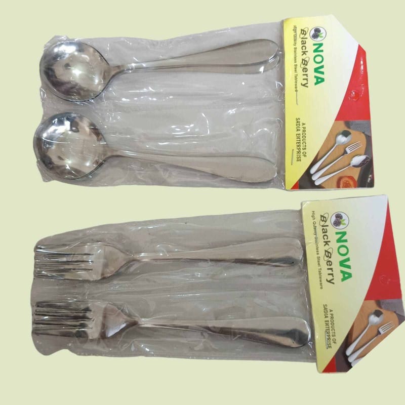 Picture of Nova-12pcs stainless steel spoon set 6 pcs round sup spoon and 6 pcs fork spoon combo pake of 12 silver color mirror polish spoon 15cm long heavy spoon dishware save easy to clean (12pcs set)-Silver
