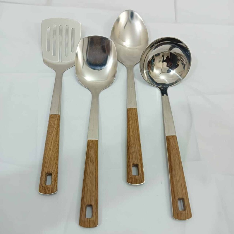 Picture of 4 pcs  stainless steel silver color Serving spoon set long rice spoon,Soup Spoon, Slotted Turner, slotted spoon 4 pcs cookware set-Silver
