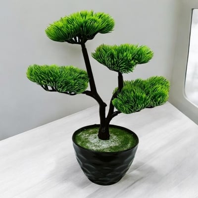 Picture of 4 Heads Green Artificial Bonsai Tree with Plastic Vases, 15 Inch Long, for Office Table Decoration, Gram Beauty Flower-Multicolor