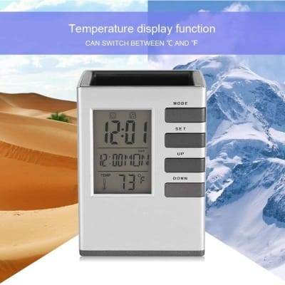 Picture of Multifunctional Digital Desk Pen Holder Pen Holder Desk Organiser LED Alarm Clock Thermometer Calendar Display-Silver