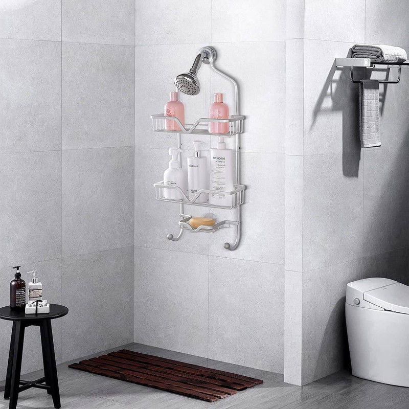 Picture of Bath Shower Caddy, Detachable Shower Caddy, 3-Tier Aluminum Extra Wide Space with Soap Tray and 2-Hooks for Shampoo, Conditioner, Razors, Towels, Silver-Silver