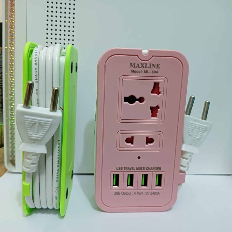 Picture of 1 pcs Maxline Smart 4 USB Port & 2 Power Socket travel multi charger with multi plug 6 Feet long cable-Multicolor