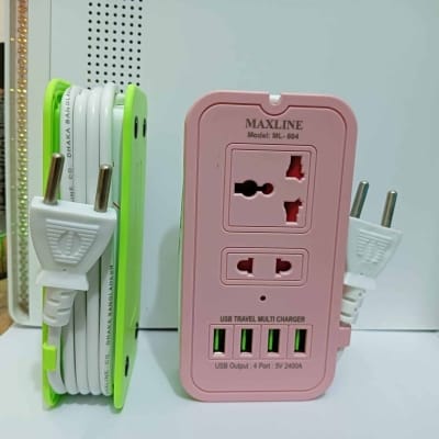 Picture of 1 pcs Maxline Smart 4 USB Port & 2 Power Socket travel multi charger with multi plug 6 Feet long cable-Multicolor