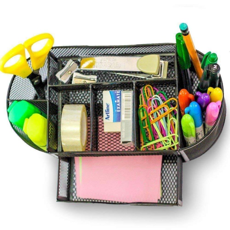 Picture of Desk Organizer Mesh Desktop Office Supplies Multi-functional Caddy Pen Holder Stationery with 8 Compartments and 1 Drawer for Office, Home, School, Classroom by Pipishell-Black