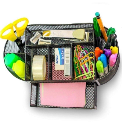 Picture of Desk Organizer Mesh Desktop Office Supplies Multi-functional Caddy Pen Holder Stationery with 8 Compartments and 1 Drawer for Office, Home, School, Classroom by Pipishell-Black