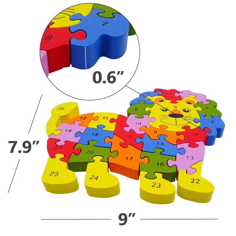 Picture of A to Z and 1-26 Lion Wooden Jigsaw Puzzle for Kids - Includes 26 Capital Alphabet Letter Pieces - Improve Skills, Problem Solving Ability - Ages 2 Years +-Multicolor