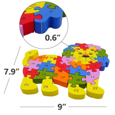 Picture of A to Z and 1-26 Lion Wooden Jigsaw Puzzle for Kids - Includes 26 Capital Alphabet Letter Pieces - Improve Skills, Problem Solving Ability - Ages 2 Years +-Multicolor