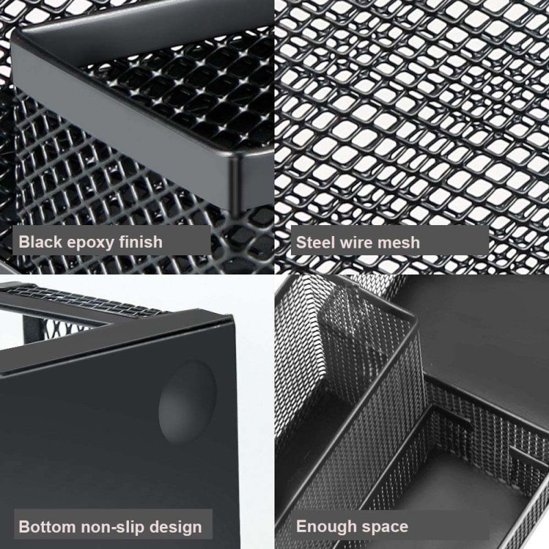 Picture of "2-Piece Black Metal Desk Organizer Set - Multifunctional 3-Grid Pen Holder & File Storage Rack, Durable, Fireproof & High-Temperature Resistant, Coated Finish, 20.4 x 10.4 x 9.7 cm, Ideal for Office & Student Desks"-Black