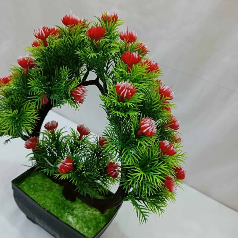 Picture of Heart Shape Design Green Artificial Bonsai Tree with Mini Multi-Color Flowers and Plastic Vases, 11 Inch Long, for Office Table Decoration, Gram Beauty Flower-Multicolor