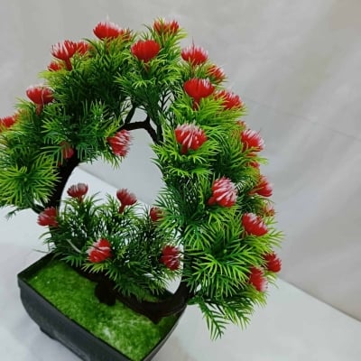 Picture of Heart Shape Design Green Artificial Bonsai Tree with Mini Multi-Color Flowers and Plastic Vases, 11 Inch Long, for Office Table Decoration, Gram Beauty Flower-Multicolor