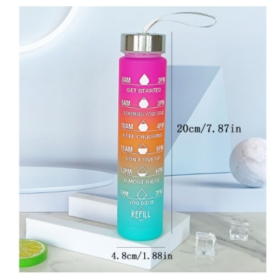 Picture of 1pc 300ml large capacity pink gradient PC water bottle, with sticker sports and fitness portable straw cup, for home and travel outdoor use-Multicolor