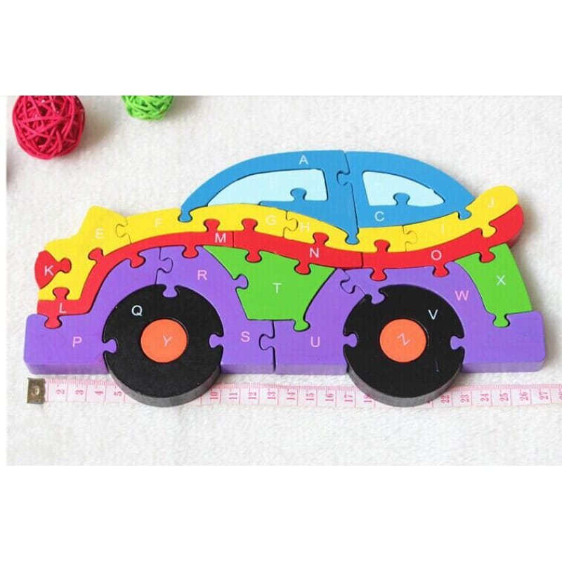 Picture of Wooden Puzzles 26 Preschool Educational Toys Blocks Shapes for 26 English Letters Numbers Transportation-Multicolor