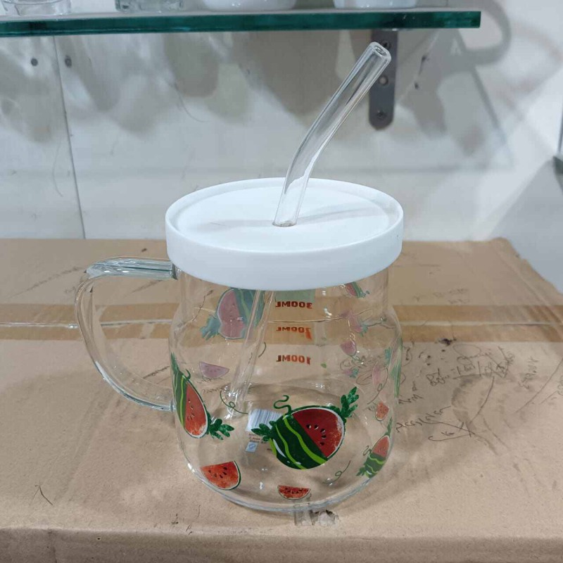 Picture of 1 pcs Glass Juice Sipper Mug with Plastic Lid & Glass Straw-Multicolor