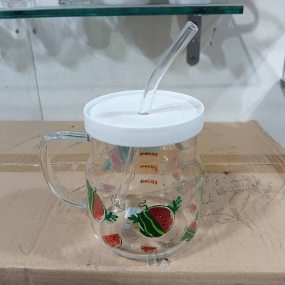 Picture of 1 pcs Glass Juice Sipper Mug with Plastic Lid & Glass Straw-Multicolor