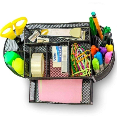 Picture of Black Metal Mesh Desk Organizer Pen Stand with Drawe-Black