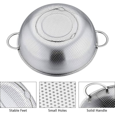 Picture of Set of 3, Stainless Steel Micro-Perforated Colanders Strainers for Draining Rinsing Washing, Ideal for Pasta Vegetables Fruits, Heavy Duty & Dishwasher Safe 22cm, 24cm and 26cm-Silver