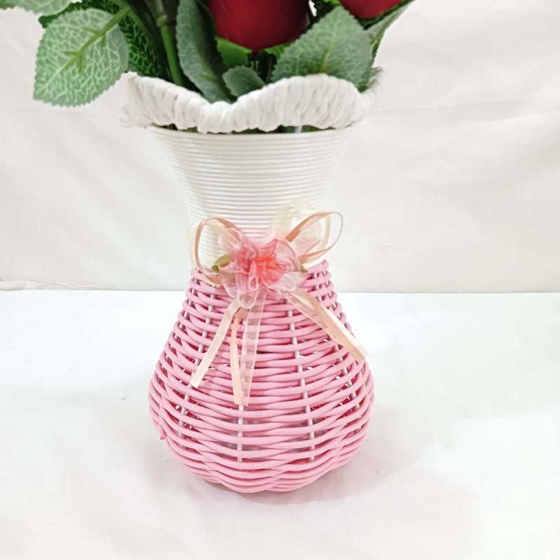 Picture of Artificial Velvet Roses Bunch in Multicolor Guldasta Pot - 14-15 Real Looking Heads, Plastic & Fabric, Vase & 3 Sticks Included - Ideal for Home & Restaurant Decor-Multicolor