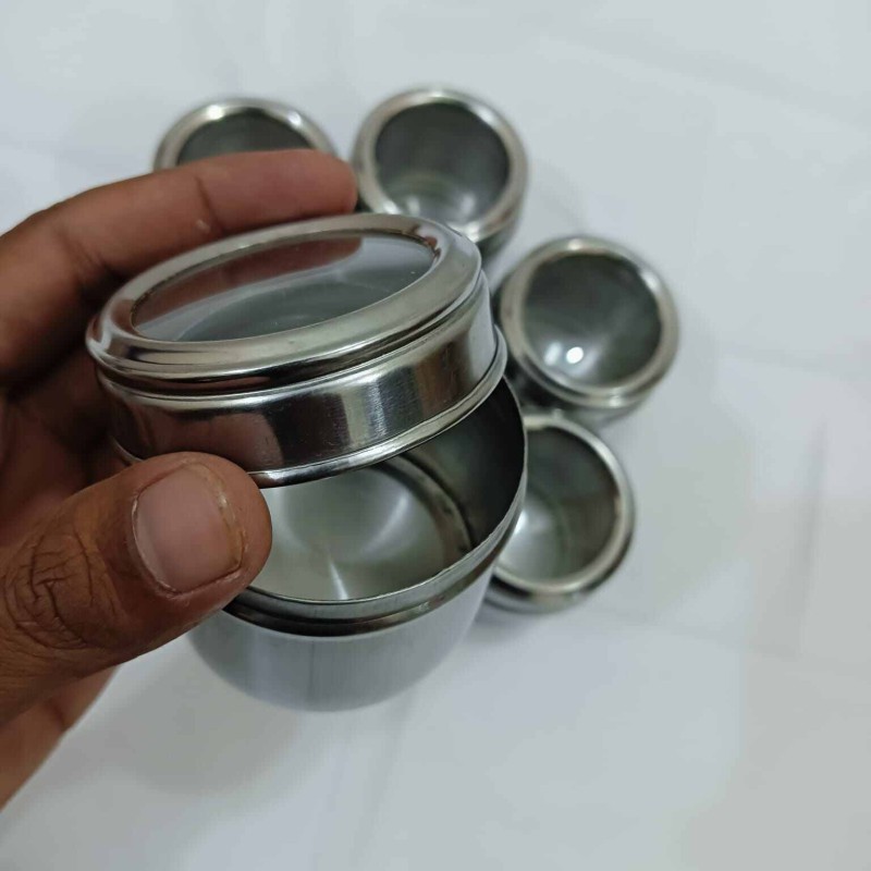 Picture of Stainless Steel Double See Through With Whole Shaker With See Through Spice Box, Masala Container for Kitchen, Steel Masala Boxes for Kitchen, 7 spice masala box, 20 cm-Silver