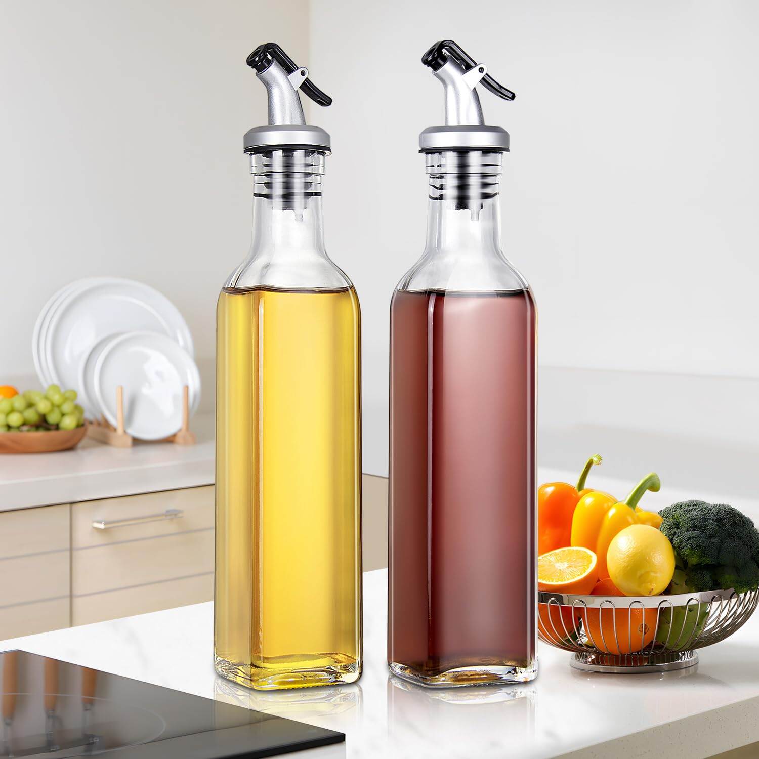 Picture of 375ml Glass Oil Dispenser Bottle with Lever-Release Stopper Crystal Clear Square Shaped