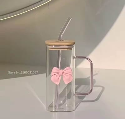 Picture of 350ML Square Mug with Lids and Straws with Bow Water Cup Household Cup Female Milk Coffee Cups with Pink Handle Gift - White