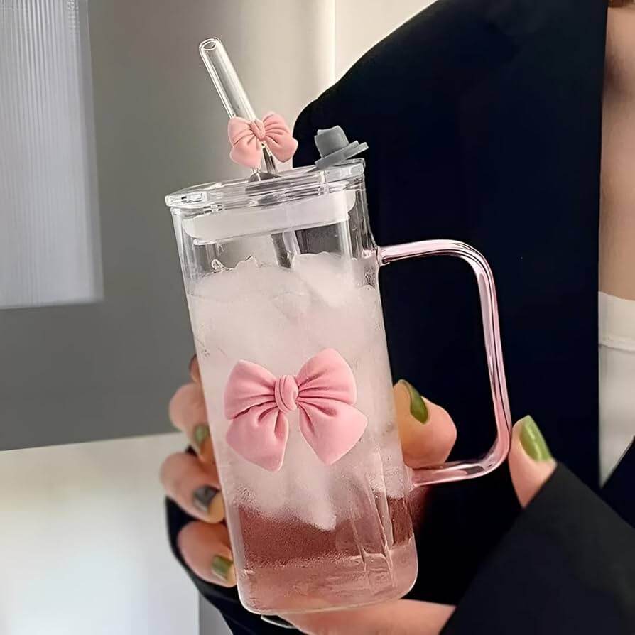 Picture of 350ML Square Mug with Lids and Straws with Bow Water Cup Household Cup Female Milk Coffee Cups with Pink Handle Gift - White