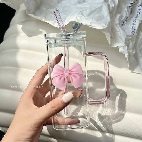 Picture of 350ML Square Mug with Lids and Straws with Bow Water Cup Household Cup Female Milk Coffee Cups with Pink Handle Gift - White