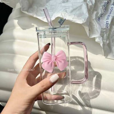 Picture of 350ML Square Mug with Lids and Straws with Bow Water Cup Household Cup Female Milk Coffee Cups with Pink Handle Gift - White