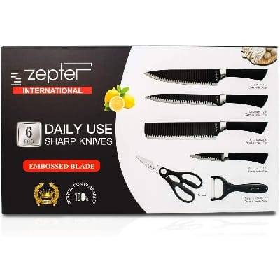 Picture of ZEPTER  6 Pcs Knife Set for Kitchen Cooking Knives Steak Knives with Free Sharpener - Matte Black