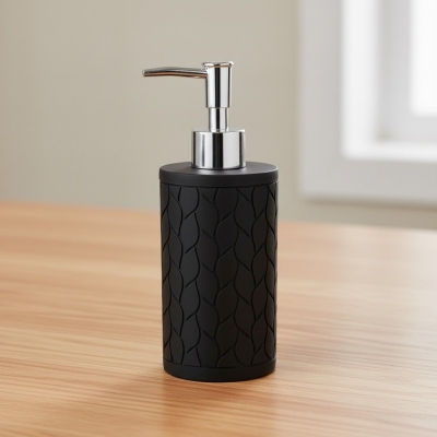 Picture of Premium Brooklyn Matte Black Polyresin Liquid Soap Dispenser with Chrome Pump and Textured Leaf Pattern for Bathroom Countertops, Kitchen Sinks, Hotels, Refillable Hand Wash Bottle, Durable and Stylish Home Decor Accessory-Black