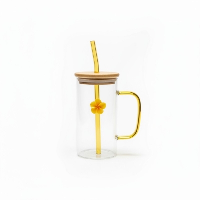 Picture of Aesthetic square glass tumbler with bamboo lid and yellow glass handle plus reusable glass straw featuring a cute flower charm perfect for iced coffee milk tea and fruit juice serving at home.-Multicolor