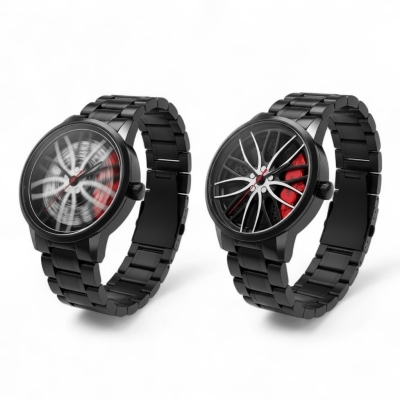 Picture of Exclusive Premium Men Luxury Car Wheel Hub Watch Stainless Steel Quartz Wristwatch Featuring Creative 3D Hollow Rotating Dial Design Waterproof Sports Military Style Perfect For Automotive Enthusiasts And Trendy Fashion Lovers Everywhere.-Black