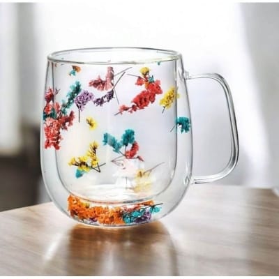 Picture of Double Wall Clear Glass Coffee Mugs with Real Dried Flowers - Assorted Floral Designs, Insulated Square Handle Tea Cups, 300ml, Perfect for Latte, Cappuccino, & Iced Drinks-Multicolor