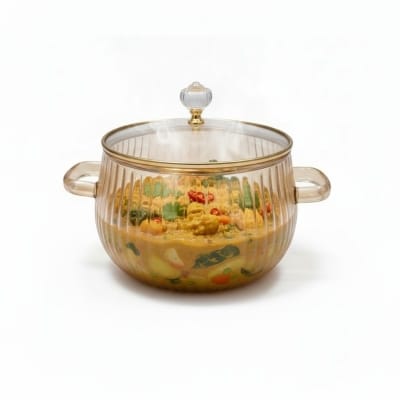 Picture of Premium Ribbed Borosilicate Glass Cooking Pot with Lid | Heat-Resistant Clear Cookware for Stovetop, Oven & Microwave Safe | Versatile Kitchen Soup Noodle Saucepan with Gold Accent Handles & Cover-Multicolor