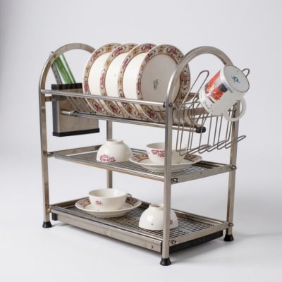 Picture of Binca High Quality 3-Tier Stainless Steel Kitchen Dish Rack Organizer | Rust-Resistant Dish Drainer with Cutlery Utensil Holder, Plate Shelf, and Draining Board | Space-Saving, Durable Kitchenware Solution-Silver